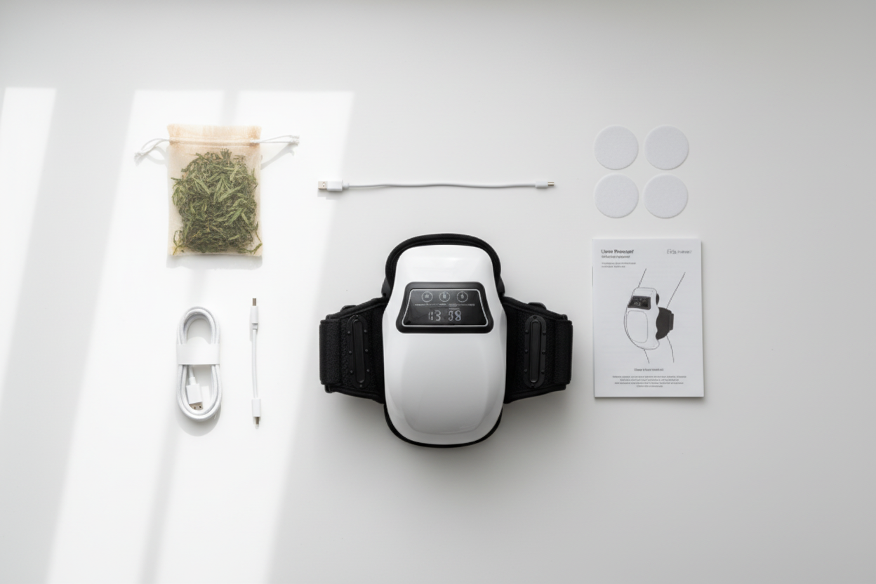 Kneefy Smart Knee Massager flat lay showing all box contents