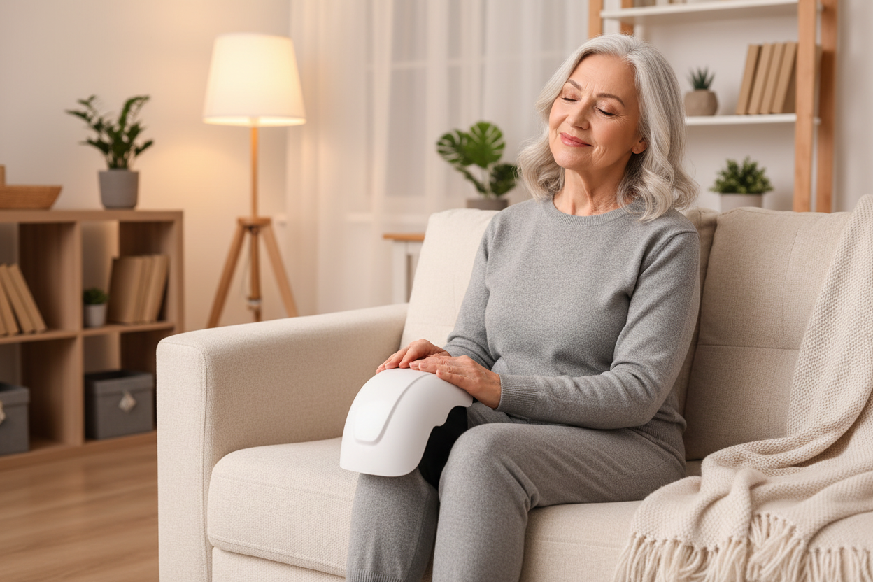 Person wearing Kneefy Smart Knee Massager at home feeling relieved