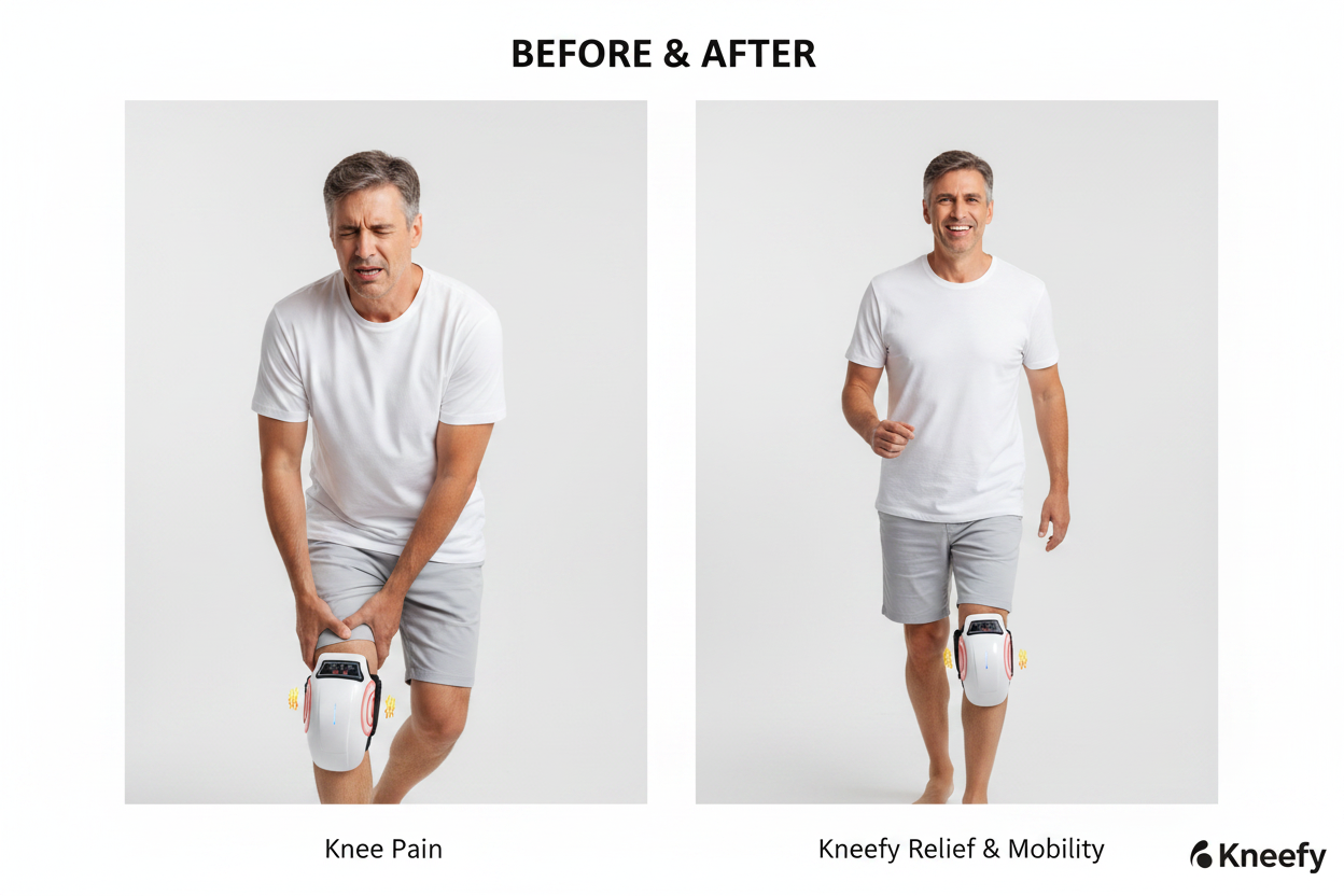 Before and after showing knee pain relief with Kneefy Smart Knee Massager
